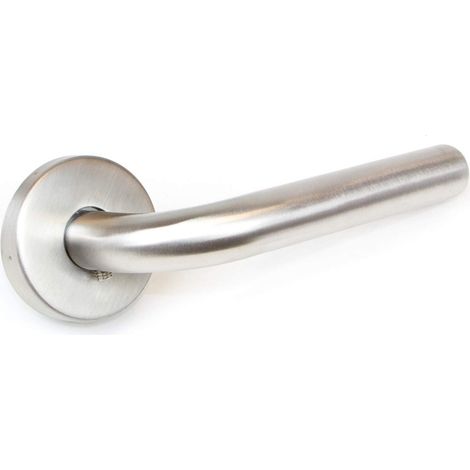 Poignée de porte intérieur, ensemble de poignées de porte avec rosace D.53 mm, Modèle en L, Acier inoxydable, Nickel satiné. (1/5)