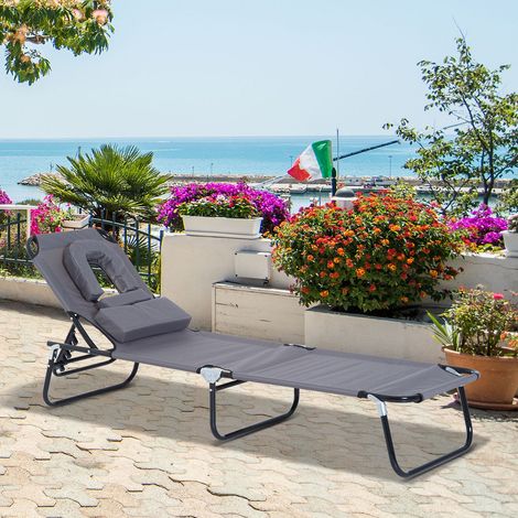 Chaise longue pliante coussin dossier 4 positions trou façade charge 120kg jardin balcon, gris