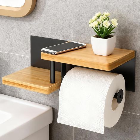 Derouleur Papier Murale en Bois, Porte Papier Toilette sans Percage, Support Rouleau Papier Toilette avec Deux Étagères, Parfait pour Cuisine et Salle de Bain (1/5)