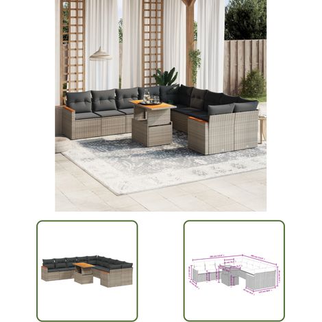 The Living Store 11-tlg. Garten-Sofagarnitur mit Kissen Grau Poly Rattan - Gartenmöbel - Outdoor Möbel - Rattan Gartenmöbel - PE-Rattan - Lounge Set (1/3)