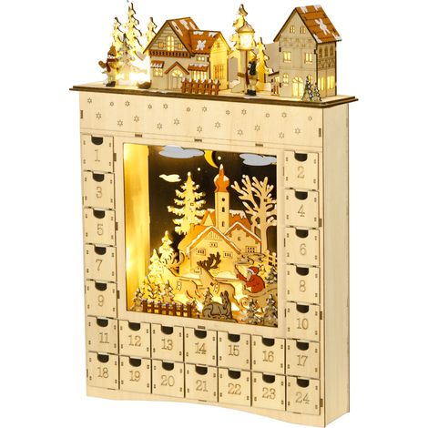Calendrier de l'Avent LED village hivernal lumineux beige, 24 tiroirs décoratifs de Noël (1/5)