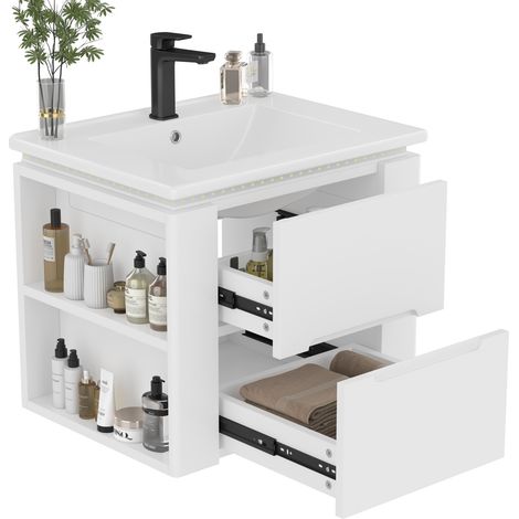 CHICFURN Mueble de lavabo suspendido 61 x 46 x 48,5 cm MDF blanco, cerámica y LED radar (1/5)