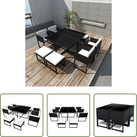 Salle à manger extérieur - Ensemble à manger d'extérieur 9pcs coussins Résine tressée Noir (1/5)