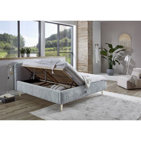 Meise Möbel Stauraumbett Mattis 180x200 cm Doppelbett Bettkasten & Lattenrost (Federholzrahmen) Strukturstoff Hellblau Holzfuß sandfarbig (1/5)