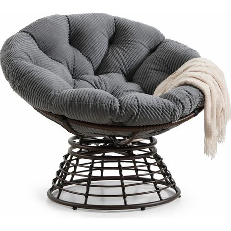 Sillón Papasan Giratorio 360° Diseño Ergonómico con Cojín Grueso Acolchado de Acero, Ratán PE y Pana Gris
