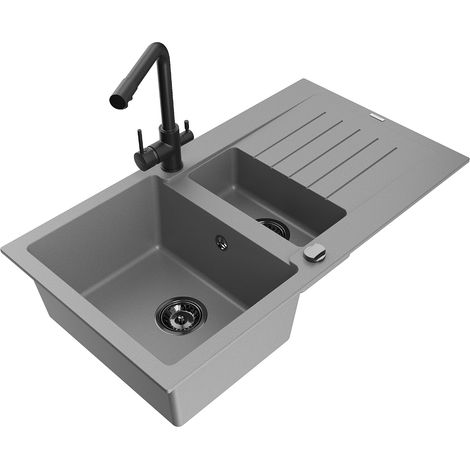 Mexen Matias 1,5-Becken-Granitspüle mit Abtropffläche und Mischbatterie Duero, Grau - 6502-71-671600