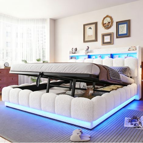 Lit coffre 180x200 cm avec rangement hydraulique, LED, USB et prise, structure métallique, tissu bouclette - blanc (1/5)