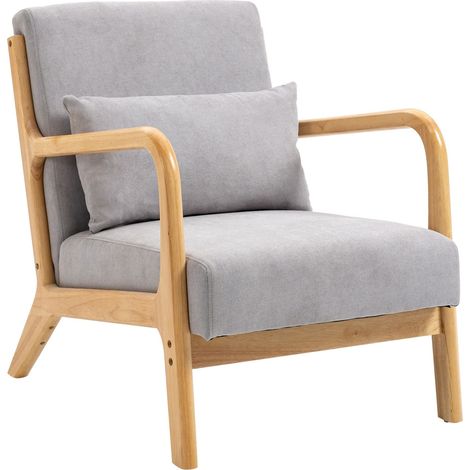 Sillón Sillón con Reposabrazos, Cojín Lumbar, Sillón de Relajación Acolchado con Estructura de Madera, Aspecto de Terciopelo, Pluma en S, para Dormitorio, Sala de Estar, Gris (1/5)