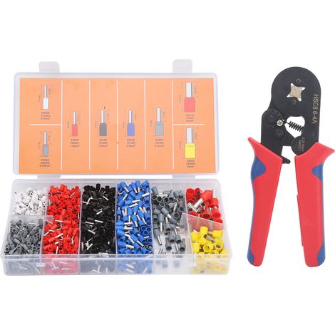 Kit de sertissage comprenant 1200 embouts de câble, 1 pince à sertir et un connecteur industriel.