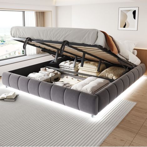 CHICFURN lit double avec rangement et tête de lit lumineuse gris AB20683132G 140 x 200 (1/5)