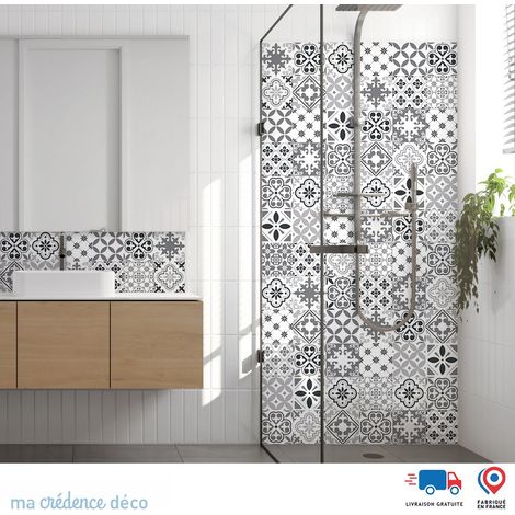 Panneau de douche : Carreaux ciment classique 2 - Couleur Gris anthracite - Alu composite - 90 - 245 (1/3)