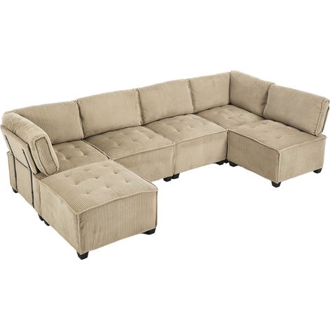 Sofá modular de 6 plazas en chenilla acanalada khaki con almacenamiento (1/5)