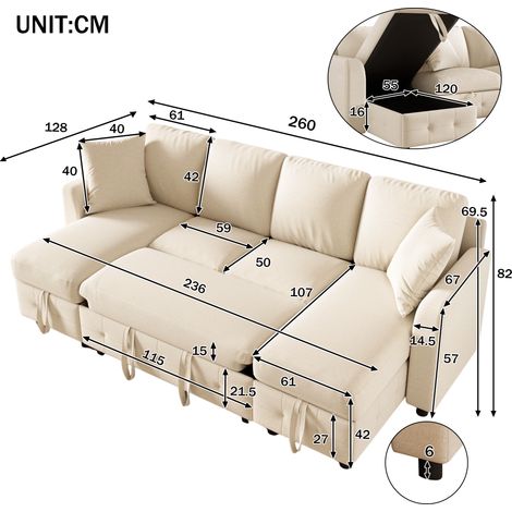 Sofá cama moderno en forma de U de chenilla con función de cama, sofá cama con 2 chaise longues con espacio de almacenamiento, sofá cama extensible con 1 puerto USB y 1 puerto de carga tipo C, con 2 c