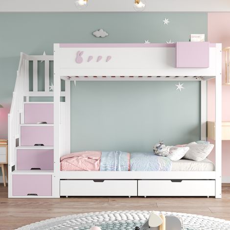 Lit superposé enfant 90x200 cm lapin carotte étagère échelle tiroirs sommier lattes blanc rose