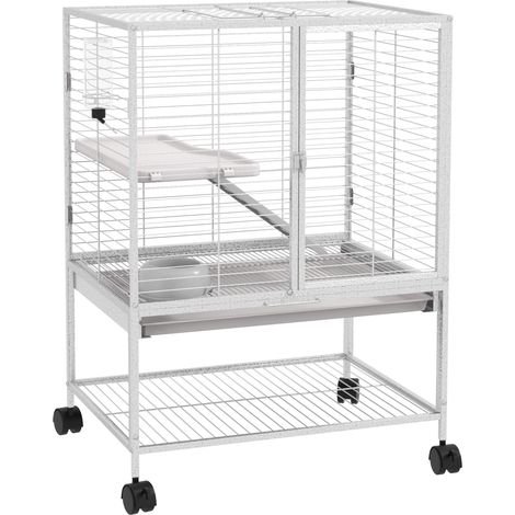 Gabbia per piccoli animali su ruote, 2 livelli con 2 porte, 1 rampa, 1 ripiano portaoggetti, 61,5 x 44,5 x 86 cm, grigia