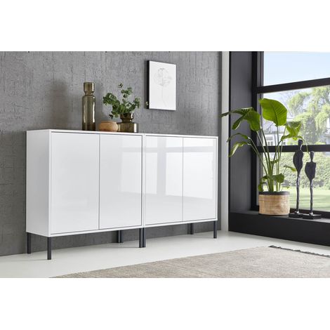 BMG Möbel Sideboard Mailand Set 2, grifflos, Metallfüße, Weiß/ Weiß hochglanz (1/5)