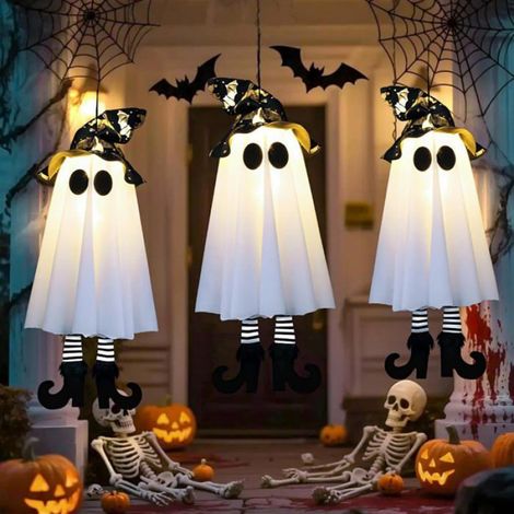 Décorations Halloween, 2 Fantômes LED Suspendus, Lanternes Intérieur Extérieur Lumière Colorée