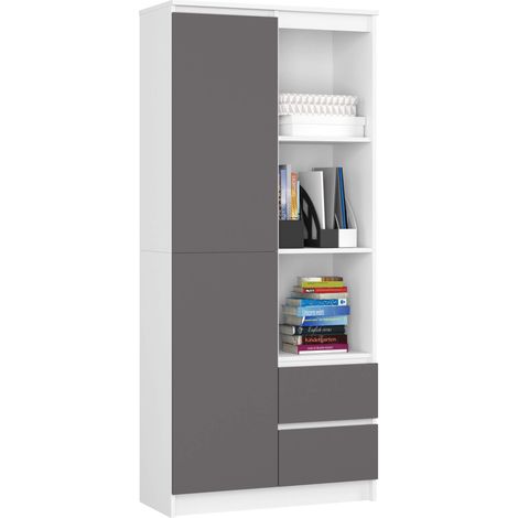 Bibliothèque de bureau AKORD R11 Blanche 80 cm 1 porte 2 tiroirs façade Gris Graphite mat 7 étagères 80x35x180 cm (1/5)