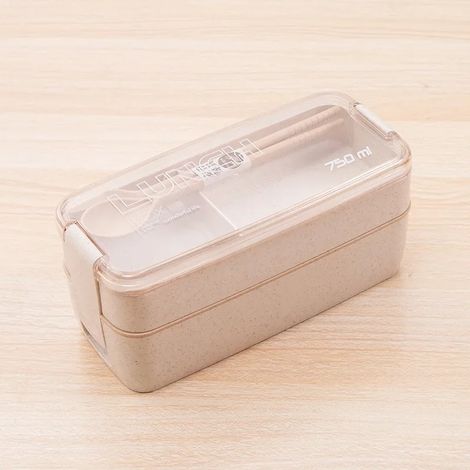 (Beige, 2 couches) Boîte bento en paille de blé naturelle, grande capacité, compatible lave-vaisselle et micro-ondes, couverts inclus.