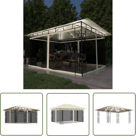 The Living Store Pavillon mit Moskitonetz & LED-Lichterkette 4x3x2,73m Cremeweiß - Pavillon - Gartenpavillon - Outdoorzelt - Sonnenschutz - LED Beleuchtung (1/5)