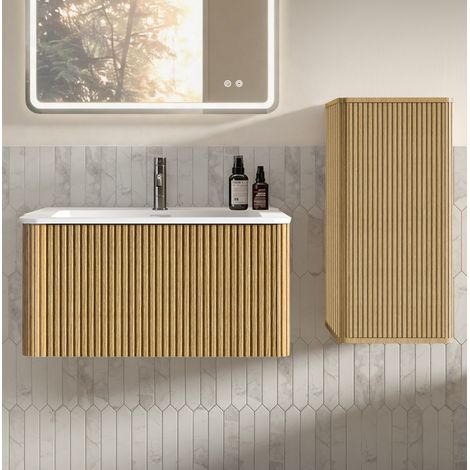 Meuble de salle de bain avec vasque 80 cm mural, avec colonne, chêne HAVRYA (1/5)