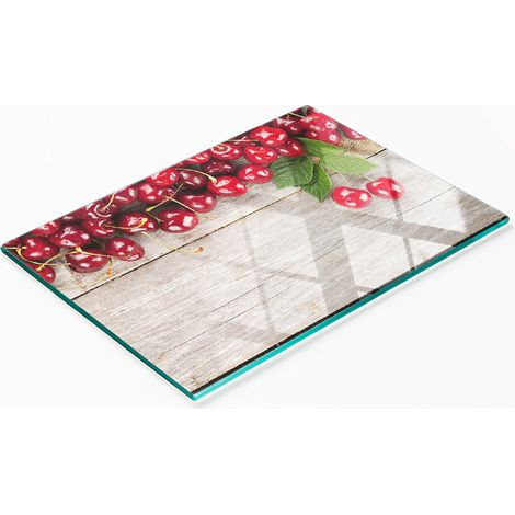 Planche de cuisine en verre trempé avec motif de cerises sur fond bois 80x52 cm (1/5)