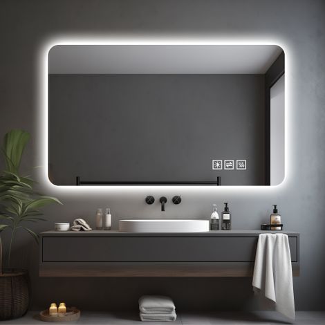 Miroir salle de bain LED 60x100 cm, anti-buée, résistant à la corrosion, lumière 3 couleurs réglable, miroir lumineux design moderne