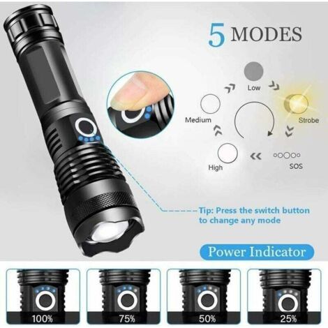 Déstockage 90000 Lumens Lampe Torche LED Ultra Puissante, USB Rechargeable XHP70 Lampe de Poche, 5 Modes Haute Puissance Torche IPX65 Étanche avec Batterie 3000mAh pour Camping, Activités de Plein Air