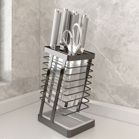 Porte-couteaux creux en acier inoxydable 304, support de rangement pour couteaux de cuisine avec bac de vidange, fente pour ciseaux, porte-couteaux universel, noir (1/4)
