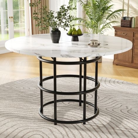 Runder Esstisch (100×100×76cm), Küchentisch,, Runder Kaffeetisch für 4-6,geeignet für Esszimmer, Wohnzimmer,Tischbeine aus Metall,Ring Tischbeine, Tischplatte aus marmoriertem MDF mit schwarzen Beinen