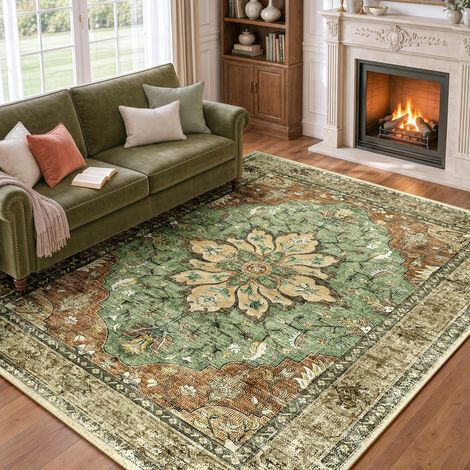 Vintage Tapis de Salon 183x274 cm Lavable Brique/Marron/Vert Tapis Salon, Tapis Chambre, Lavable en Machine, Vintage, Boho, Rétro, Antidérapant, Cuisine, Salle à Manger, Douce, OEKO (1/5)