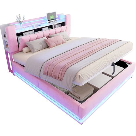 CHICFURN Lit coffre 180x200 cm rembourré velours rose avec LED, USB et rangement hydraulique, sommier à lattes métal, tête de lit de rangement pour chambre (1/5)