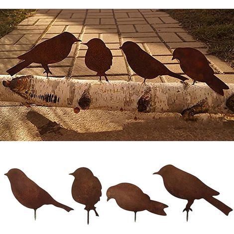 4 Pièces de Silhouettes d'Oiseaux en Métal pour Jardin - Figurines Réalistes avec Vis, Décorations pour Patio et Extérieur