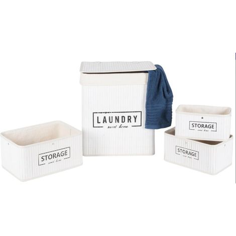 Cesto Biancheria + 3 Cesti Portatutto Bambu Tessuto Portabiancheria Bianco (1/4)