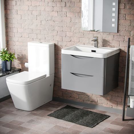 Merton 600mm Wall Hung Vanity Basin Unit & Square Rimless Close Coupled Toilet Grey (1/5)