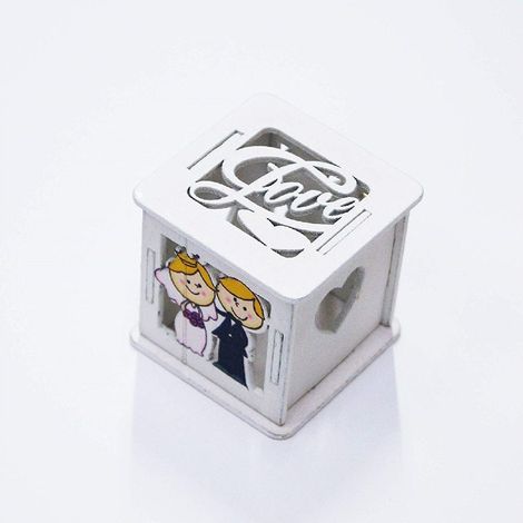 TrAdE Shop Traesio - Set 12pz Scatola Sposi Matrimonio 5.5x5.5cm Legno Bianco Scritta Love Bomboniera - (1/2)