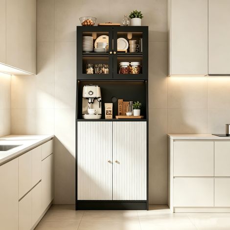 Buffet de cuisine 70 x 40 x 180 cm avec LED réglable, 4 portes, Plan de Travail ouvert, Armoire de Cuisine avec Étagères Réglables, Noir (1/5)