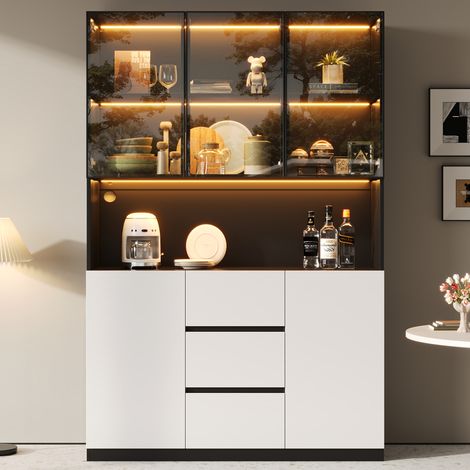 Vitrina de cristal LED de 120x40x200 cm con estante abierto, 3 cajones y 2 puertas, mueble de salón de MDF negro (1/5)