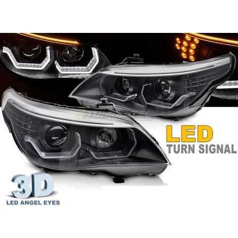 Paire de feux phares BMW serie 5 E60 /E61 03-07 Angel eyes led 3D Noir-40160229 (1/4)