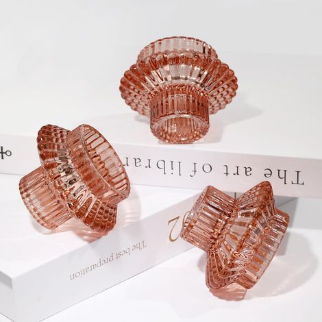 Glas Kerzenständer 3er Set für Stabkerzen & Teelichter, Rötlich-braun (1/5)