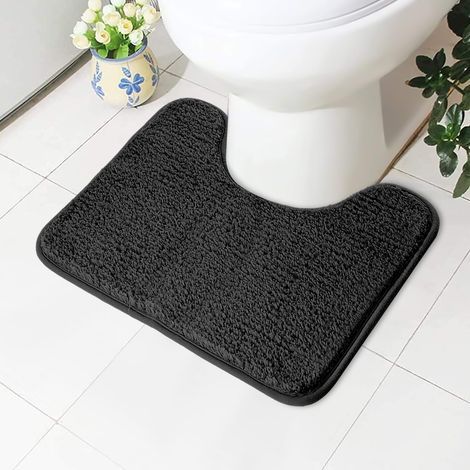 Tapis de toilette absorbant, antidérapant et extra doux, en microfibre moelleuse à poils longs, lavable en machine, séchage rapide, épais en forme de U, 50 x 40 cm (noir) (1/5)