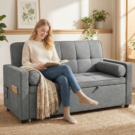 Canapé convertible 2 places 3 en 1 canapé-lit avec lit gigogne double dossier réglable 2 coussins 80.5x137.5x84cm gris