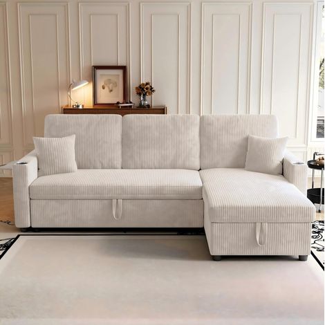 Sofá cama modular con almacenamiento, puertos USB y Type C, tejido de pana beige (1/5)