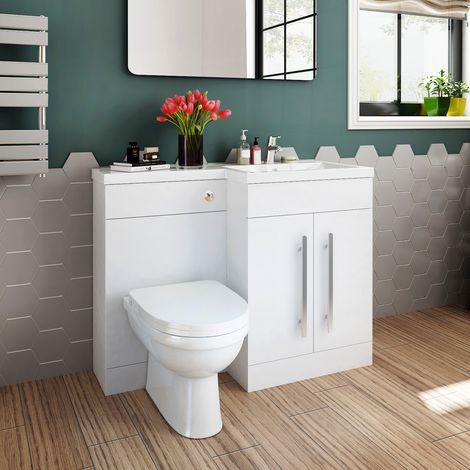 ELEGANT 1100mm L Shape Bathroom Vanity Sink Unit Furniture Storage,Right Hand High Gloss White Vanity unit + Basin + Ceramic D shaped Toilet with Concealed Cistern (1/5)