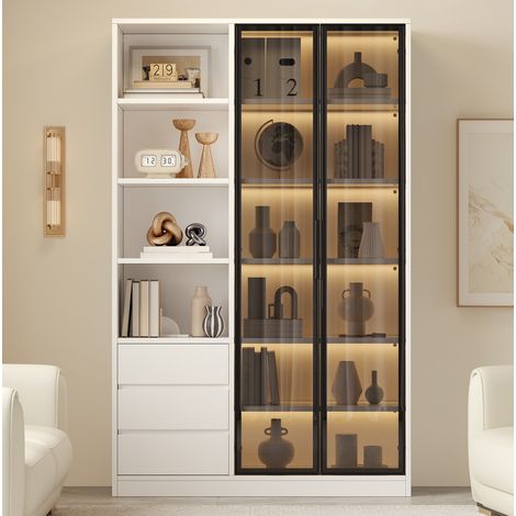 Vitrine haute blanche 100 x 35 x 160 cm, 3 tiroirs, 2 portes en verre trempé, LED, REDOM (1/5)