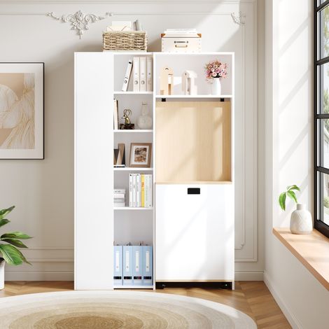 REDOM - Escritorio plegable 104.5x30.5x160 cm, con estantería 2 en 1, toma EU y USB, almacenaje regulable, MDF blanco (1/5)