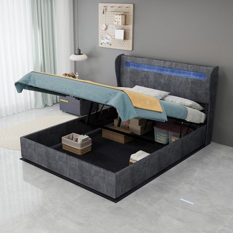 Lit capitonné moderne 140 x 200 cm en tissu gris avec LED d'ambiance et dossier réglable (1/5)