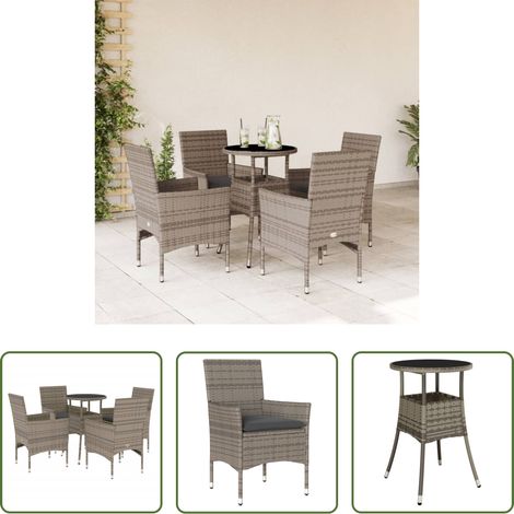 vidaXL Gartenstuhl - 5-tlg. Garten-Essgruppe mit Kissen Grau Poly Rattan und Glas (1/5)