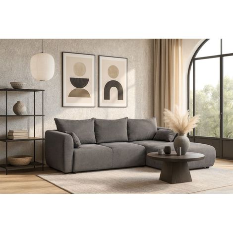 Ecksofa mit Schlaffunktion RUDEN Sofa in Stoff Raven Grau Ottomane Rechts (1/5)