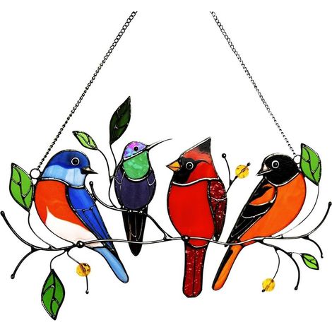 Attrape-Soleil En Vitrail Pour Fenêtres, 4 Oiseaux Dans Un Panneau De Vitrail - Ornements Artistiques À Suspendre Pour Fenêtres, Portes, Jardin, Décoration D'intérieur (1/5)